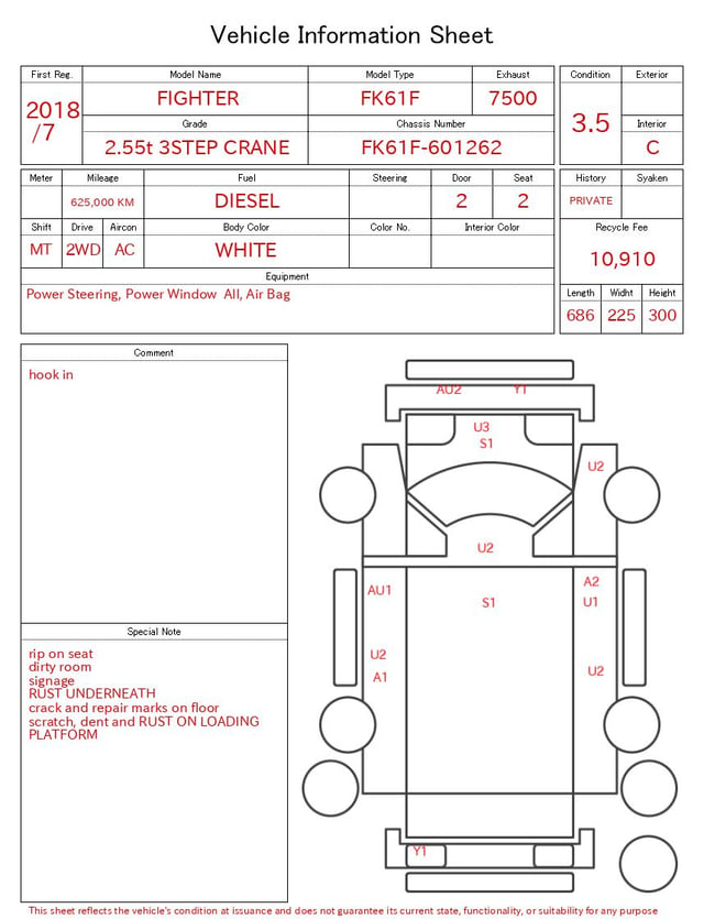 2018 MITSUBISHI FIGHTER 2.55t 3STEP CRANE