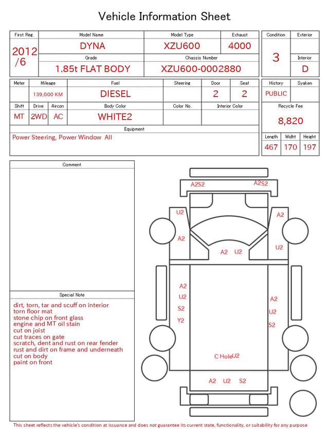 2012 TOYOTA DYNA 1.85t FLAT BODY