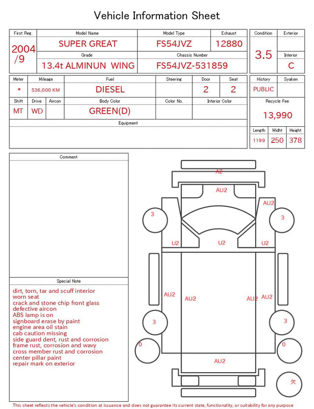 2004 MITSUBISHI SUPER GREAT 13.4t ALMINUN WING