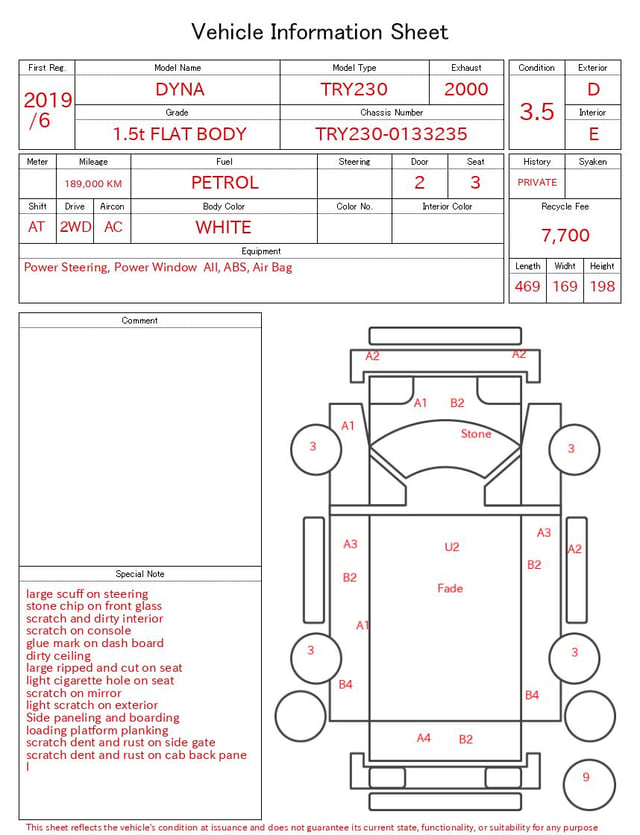 2019 TOYOTA DYNA 1.5t FLAT BODY
