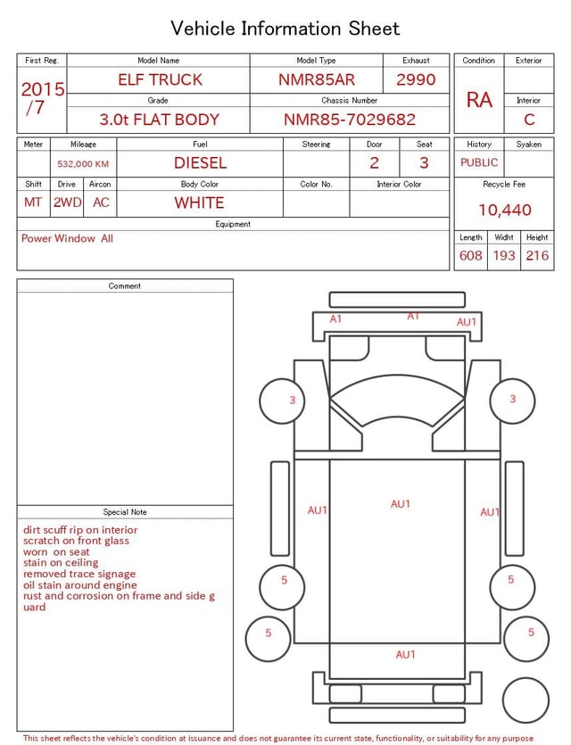 2015 ISUZU ELF TRUCK 3.0t FLAT BODY