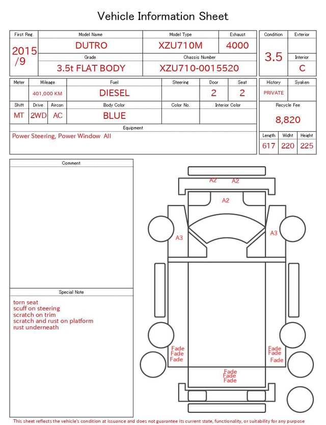 2015 HINO DUTRO 3.5t FLAT BODY